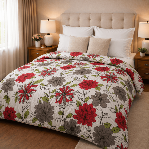 Colcha Floral Blanco Roja Premium Reversible