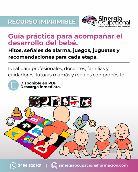 Recurso Guía práctica para acompañar el desarrollo del bebé. Hitos, señales de alarma, juegos, juguetes y recomendaciones para cada etapa.