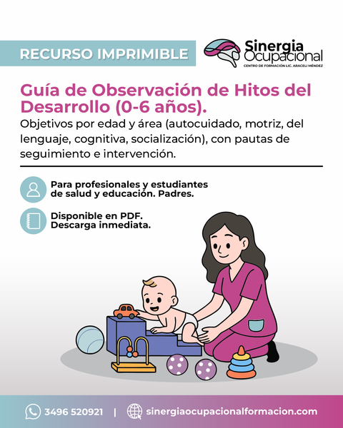 Recurso Guía de Observación de Hitos del Desarrollo (0-6 años). Objetivos por edad y área, con pautas de seguimiento e intervención.